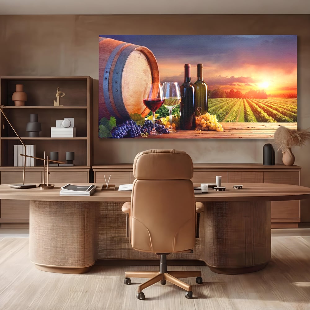 Tablou Canvas Premium, LuxCanva® N1040, Apus peste Podgorie, Vin Rosu, Struguri, Sticle, Podgorie, Apus de Soare, Fructe, Butoi, Natura, Traditie, Pub, Bar, Lounge, Restaurant, Bucatarie