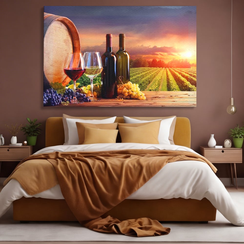 Tablou Canvas Premium, LuxCanva® N1040, Apus peste Podgorie, Vin Rosu, Struguri, Sticle, Podgorie, Apus de Soare, Fructe, Butoi, Natura, Traditie, Pub, Bar, Lounge, Restaurant, Bucatarie