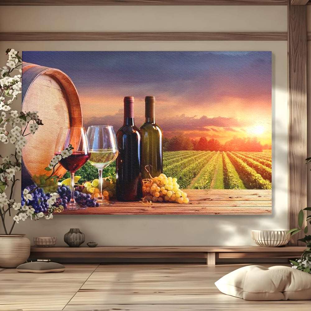 Tablou Canvas Premium, LuxCanva® N1040, Apus peste Podgorie, Vin Rosu, Struguri, Sticle, Podgorie, Apus de Soare, Fructe, Butoi, Natura, Traditie, Pub, Bar, Lounge, Restaurant, Bucatarie