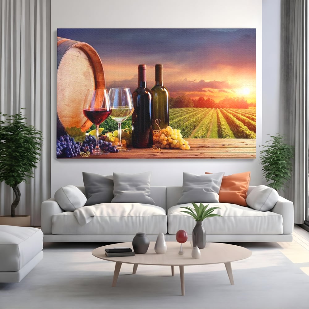 Tablou Canvas Premium, LuxCanva® N1040, Apus peste Podgorie, Vin Rosu, Struguri, Sticle, Podgorie, Apus de Soare, Fructe, Butoi, Natura, Traditie, Pub, Bar, Lounge, Restaurant, Bucatarie