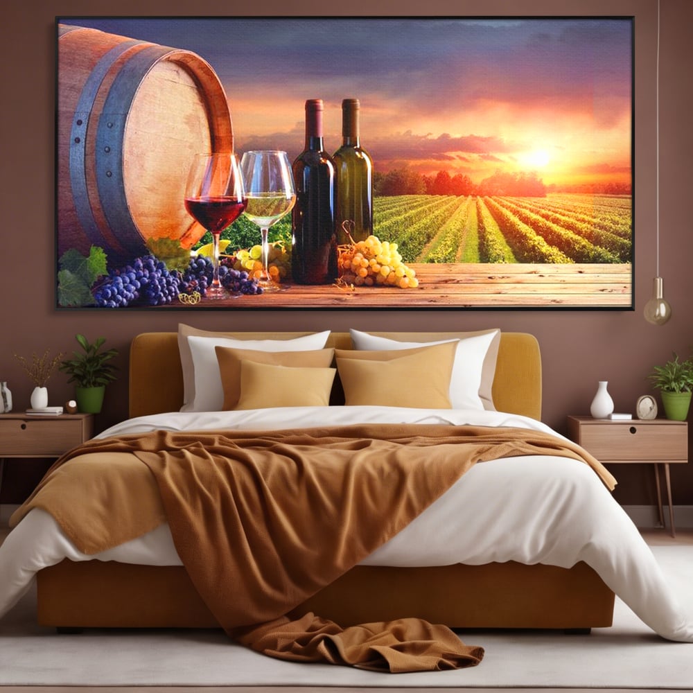 Tablou Canvas Premium, LuxCanva® N1040, Apus peste Podgorie, Vin Rosu, Struguri, Sticle, Podgorie, Apus de Soare, Fructe, Butoi, Natura, Traditie, Pub, Bar, Lounge, Restaurant, Bucatarie