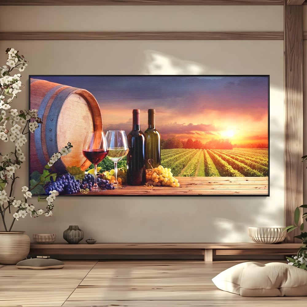 Tablou Canvas Premium, LuxCanva® N1040, Apus peste Podgorie, Vin Rosu, Struguri, Sticle, Podgorie, Apus de Soare, Fructe, Butoi, Natura, Traditie, Pub, Bar, Lounge, Restaurant, Bucatarie