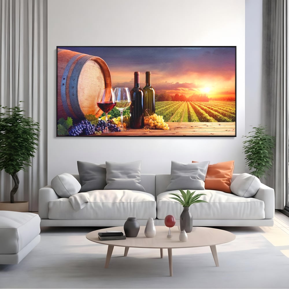 Tablou Canvas Premium, LuxCanva® N1040, Apus peste Podgorie, Vin Rosu, Struguri, Sticle, Podgorie, Apus de Soare, Fructe, Butoi, Natura, Traditie, Pub, Bar, Lounge, Restaurant, Bucatarie