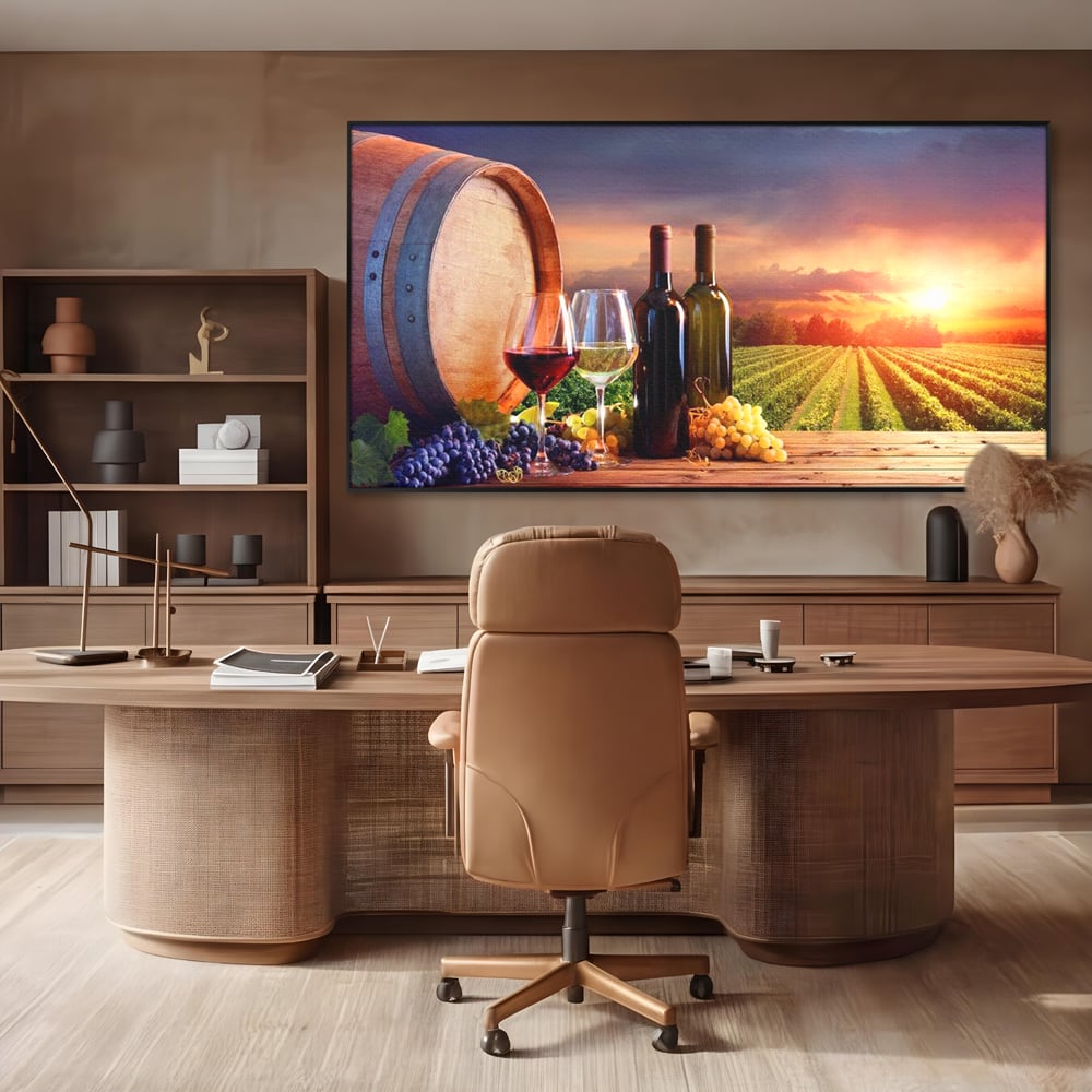 Tablou Canvas Premium, LuxCanva® N1040, Apus peste Podgorie, Vin Rosu, Struguri, Sticle, Podgorie, Apus de Soare, Fructe, Butoi, Natura, Traditie, Pub, Bar, Lounge, Restaurant, Bucatarie