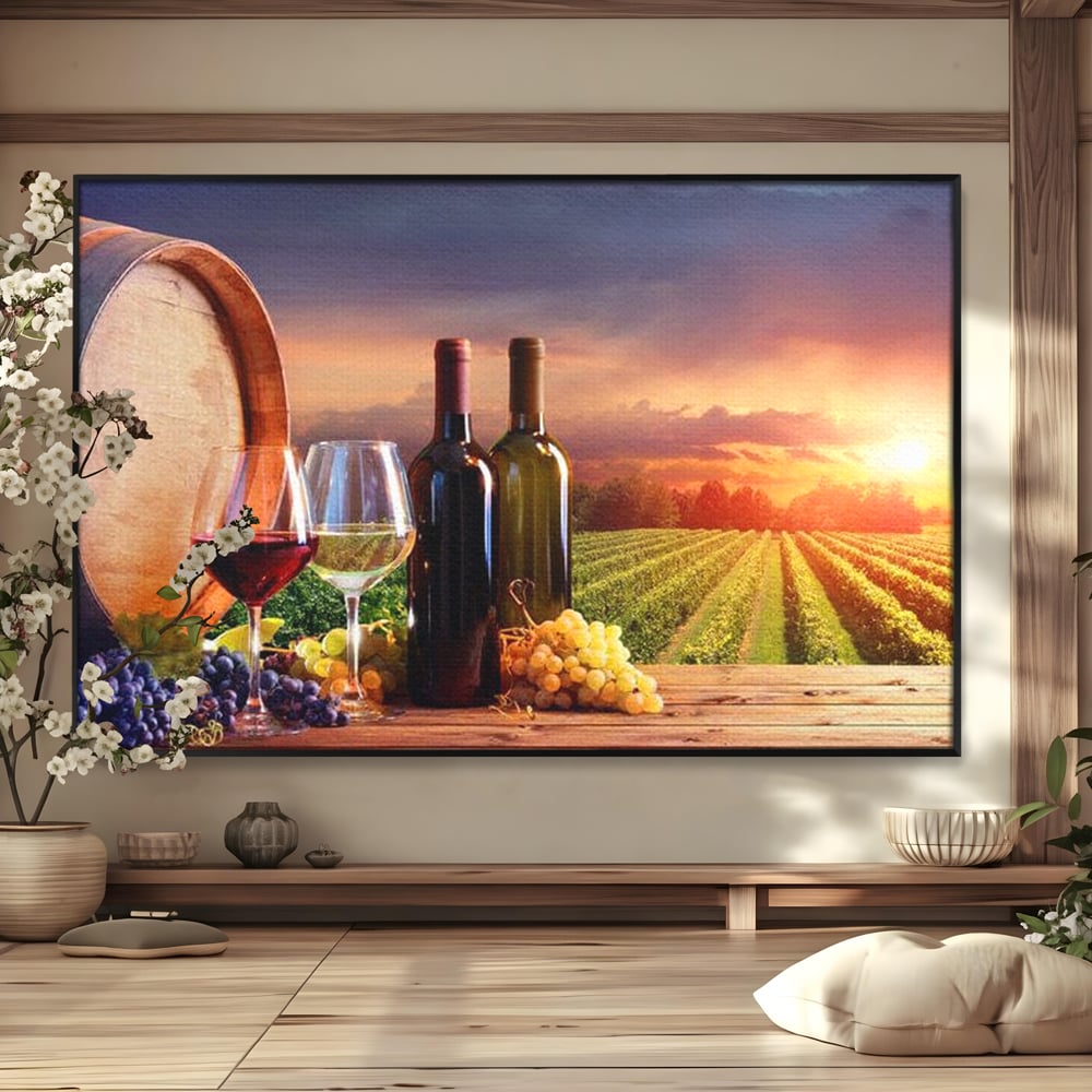 Tablou Canvas Premium, LuxCanva® N1040, Apus peste Podgorie, Vin Rosu, Struguri, Sticle, Podgorie, Apus de Soare, Fructe, Butoi, Natura, Traditie, Pub, Bar, Lounge, Restaurant, Bucatarie