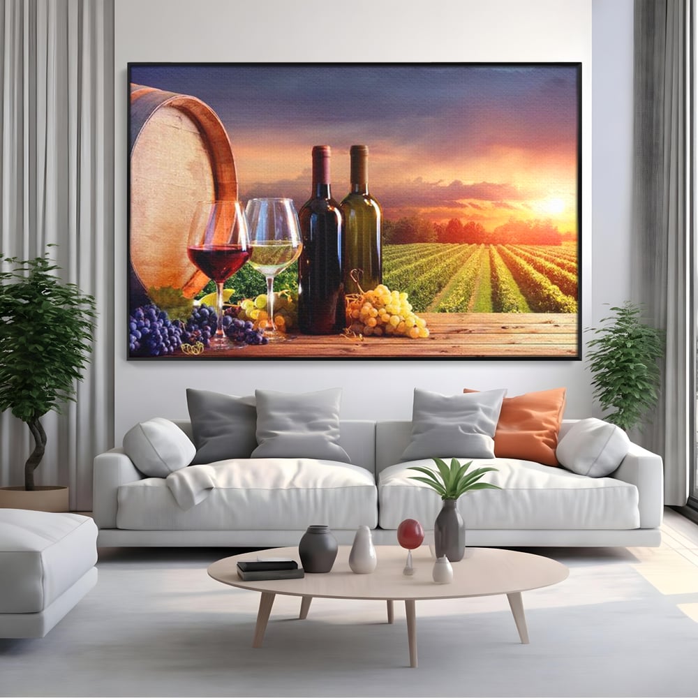 Tablou Canvas Premium, LuxCanva® N1040, Apus peste Podgorie, Vin Rosu, Struguri, Sticle, Podgorie, Apus de Soare, Fructe, Butoi, Natura, Traditie, Pub, Bar, Lounge, Restaurant, Bucatarie