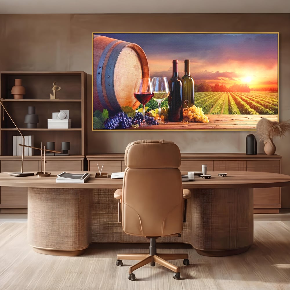 Tablou Canvas Premium, LuxCanva® N1040, Apus peste Podgorie, Vin Rosu, Struguri, Sticle, Podgorie, Apus de Soare, Fructe, Butoi, Natura, Traditie, Pub, Bar, Lounge, Restaurant, Bucatarie