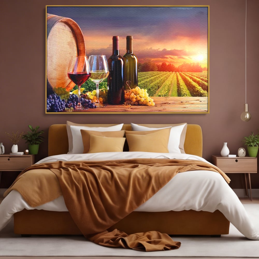 Tablou Canvas Premium, LuxCanva® N1040, Apus peste Podgorie, Vin Rosu, Struguri, Sticle, Podgorie, Apus de Soare, Fructe, Butoi, Natura, Traditie, Pub, Bar, Lounge, Restaurant, Bucatarie