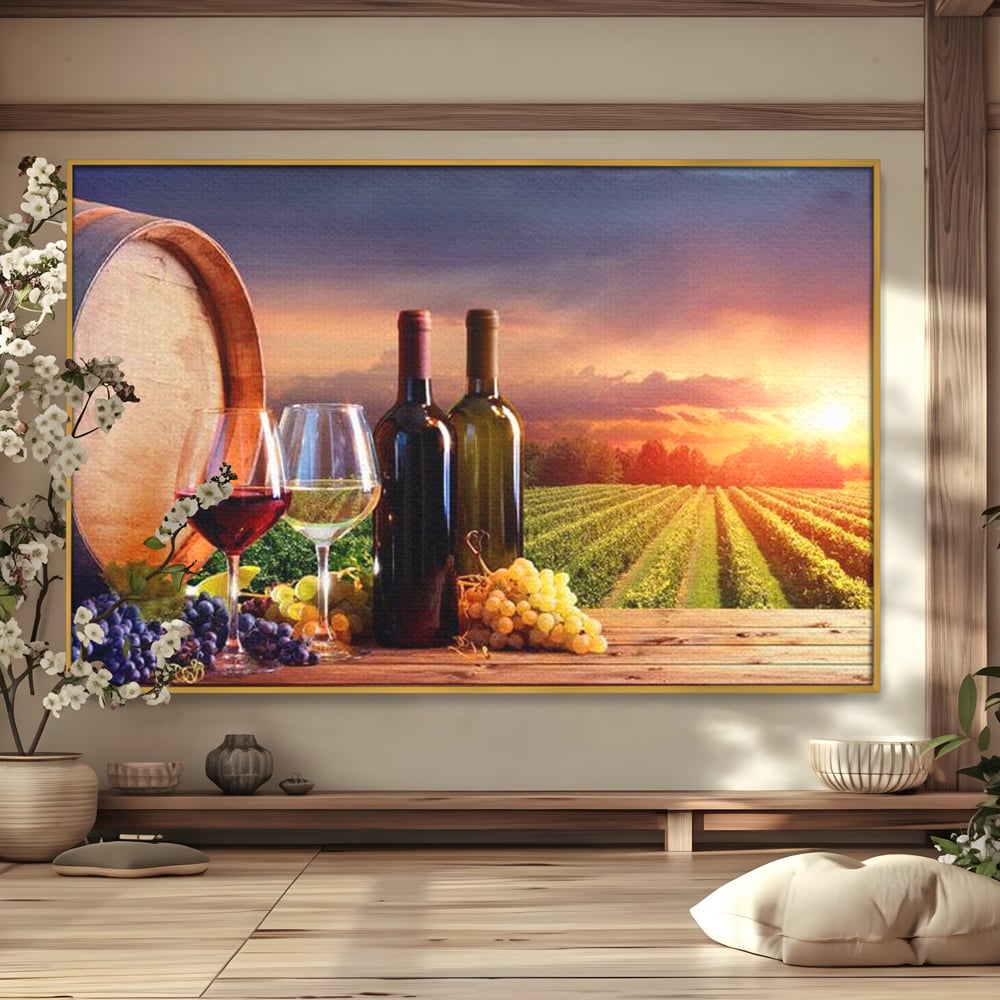 Tablou Canvas Premium, LuxCanva® N1040, Apus peste Podgorie, Vin Rosu, Struguri, Sticle, Podgorie, Apus de Soare, Fructe, Butoi, Natura, Traditie, Pub, Bar, Lounge, Restaurant, Bucatarie