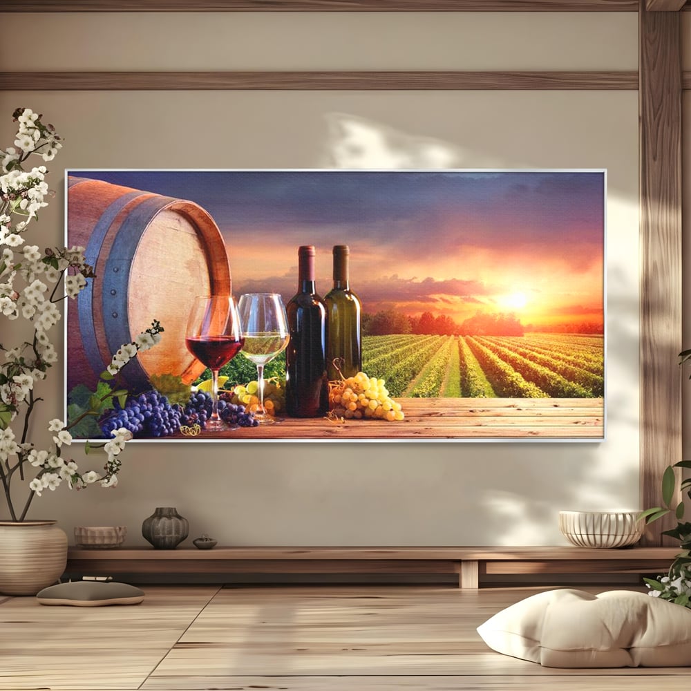 Tablou Canvas Premium, LuxCanva® N1040, Apus peste Podgorie, Vin Rosu, Struguri, Sticle, Podgorie, Apus de Soare, Fructe, Butoi, Natura, Traditie, Pub, Bar, Lounge, Restaurant, Bucatarie