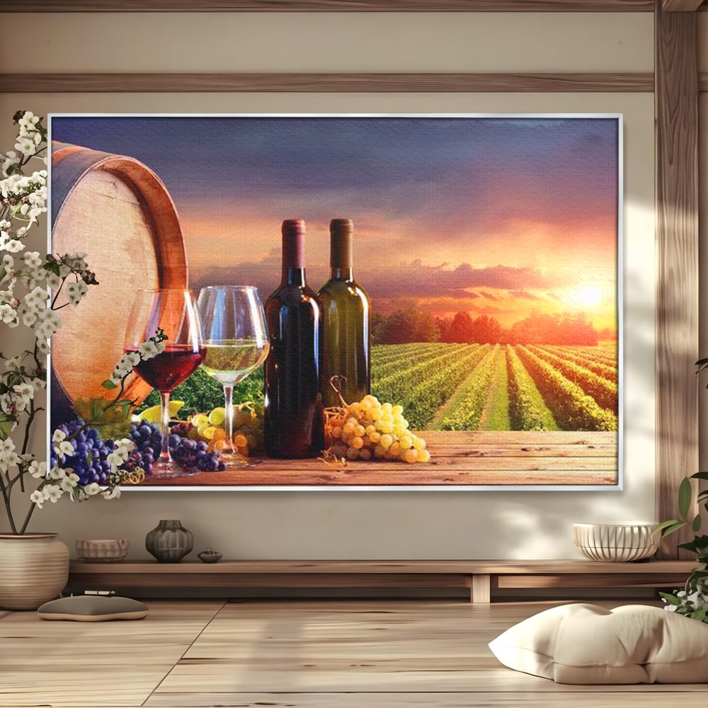 Tablou Canvas Premium, LuxCanva® N1040, Apus peste Podgorie, Vin Rosu, Struguri, Sticle, Podgorie, Apus de Soare, Fructe, Butoi, Natura, Traditie, Pub, Bar, Lounge, Restaurant, Bucatarie