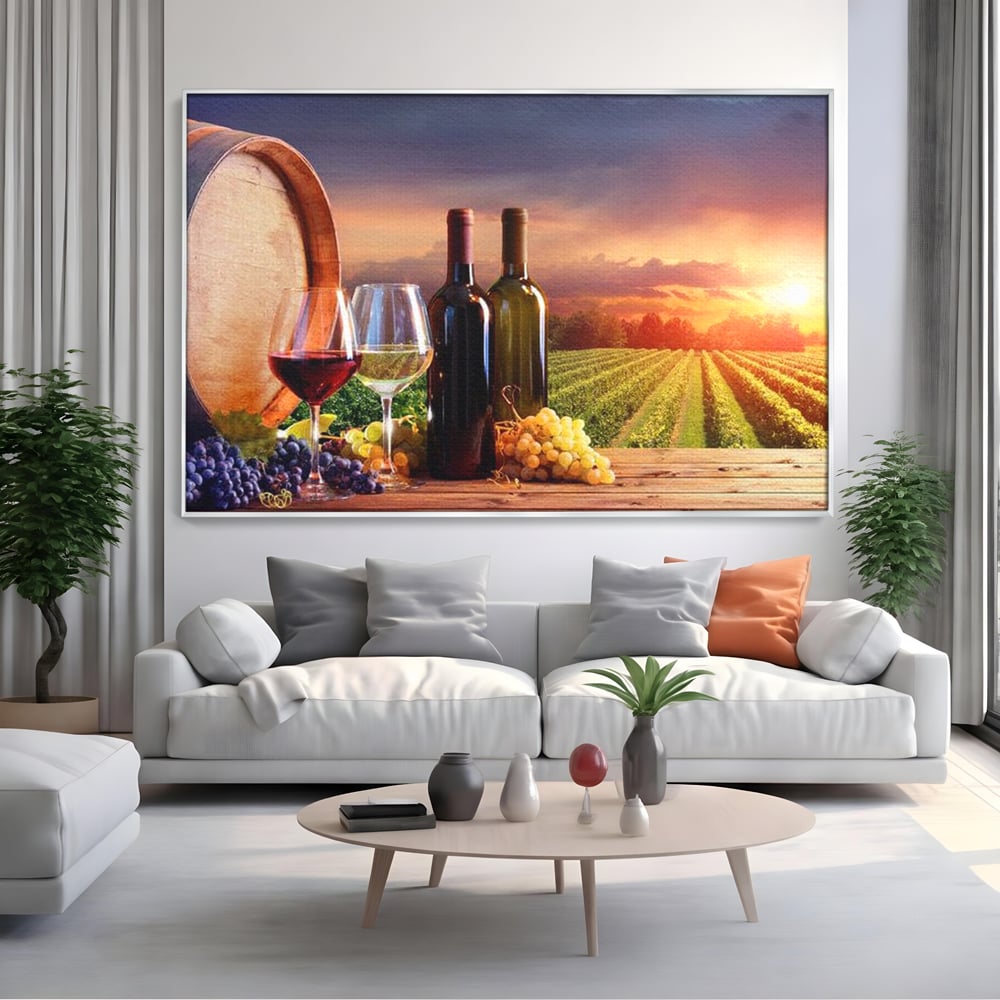 Tablou Canvas Premium, LuxCanva® N1040, Apus peste Podgorie, Vin Rosu, Struguri, Sticle, Podgorie, Apus de Soare, Fructe, Butoi, Natura, Traditie, Pub, Bar, Lounge, Restaurant, Bucatarie