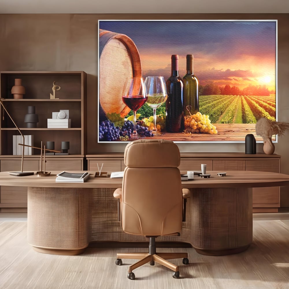 Tablou Canvas Premium, LuxCanva® N1040, Apus peste Podgorie, Vin Rosu, Struguri, Sticle, Podgorie, Apus de Soare, Fructe, Butoi, Natura, Traditie, Pub, Bar, Lounge, Restaurant, Bucatarie