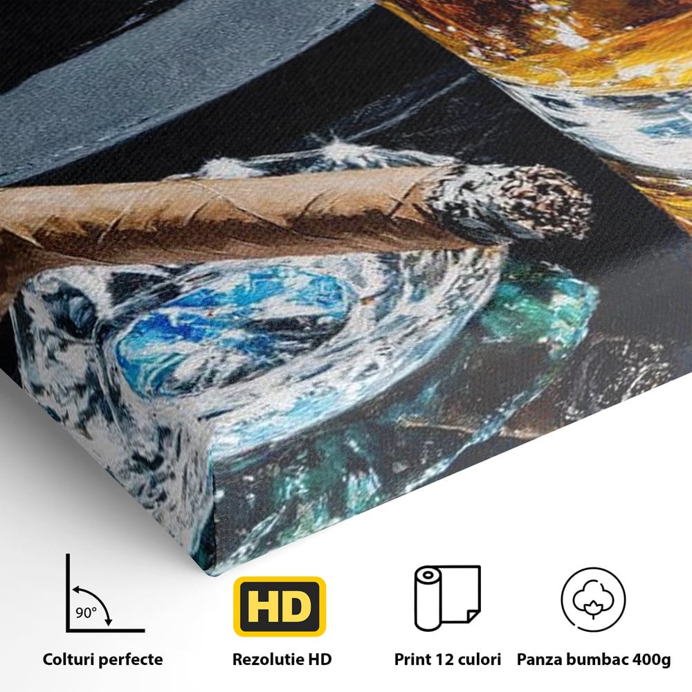 Leinwand Premium Canvas Wall Art, LuxCanva® N1041, Schuss Eleganz, Hüte, Zigarre, Whisky, Glas, Barmann, Gentleman, Marmor, Getränk, Luxus, Pub, Bar, Lounge, Restaurant, Küche