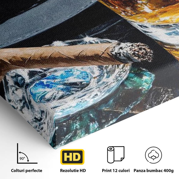 Leinwand Premium Canvas Wall Art, LuxCanva® N1041, Schuss Eleganz, Hüte, Zigarre, Whisky, Glas, Barmann, Gentleman, Marmor, Getränk, Luxus, Pub, Bar, Lounge, Restaurant, Küche