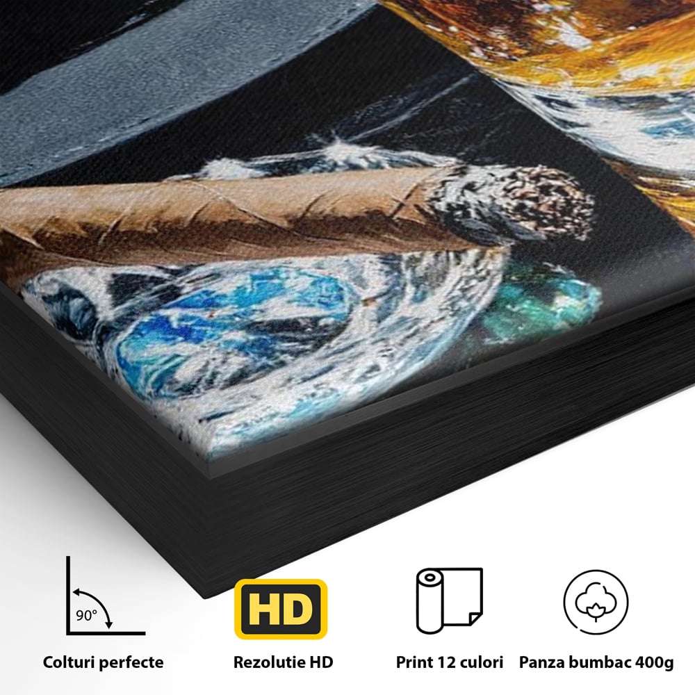 Leinwand Premium Canvas Wall Art, LuxCanva® N1041, Schuss Eleganz, Hüte, Zigarre, Whisky, Glas, Barmann, Gentleman, Marmor, Getränk, Luxus, Pub, Bar, Lounge, Restaurant, Küche