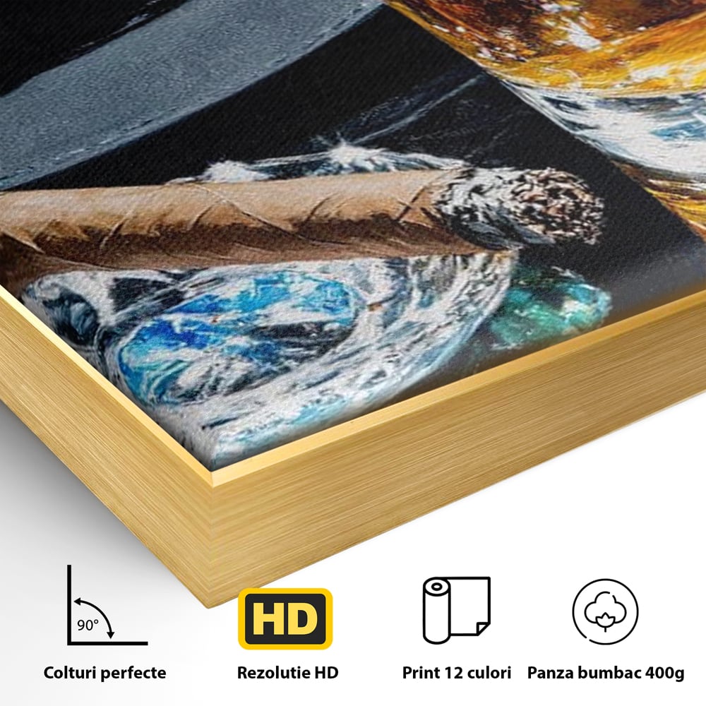 Leinwand Premium Canvas Wall Art, LuxCanva® N1041, Schuss Eleganz, Hüte, Zigarre, Whisky, Glas, Barmann, Gentleman, Marmor, Getränk, Luxus, Pub, Bar, Lounge, Restaurant, Küche