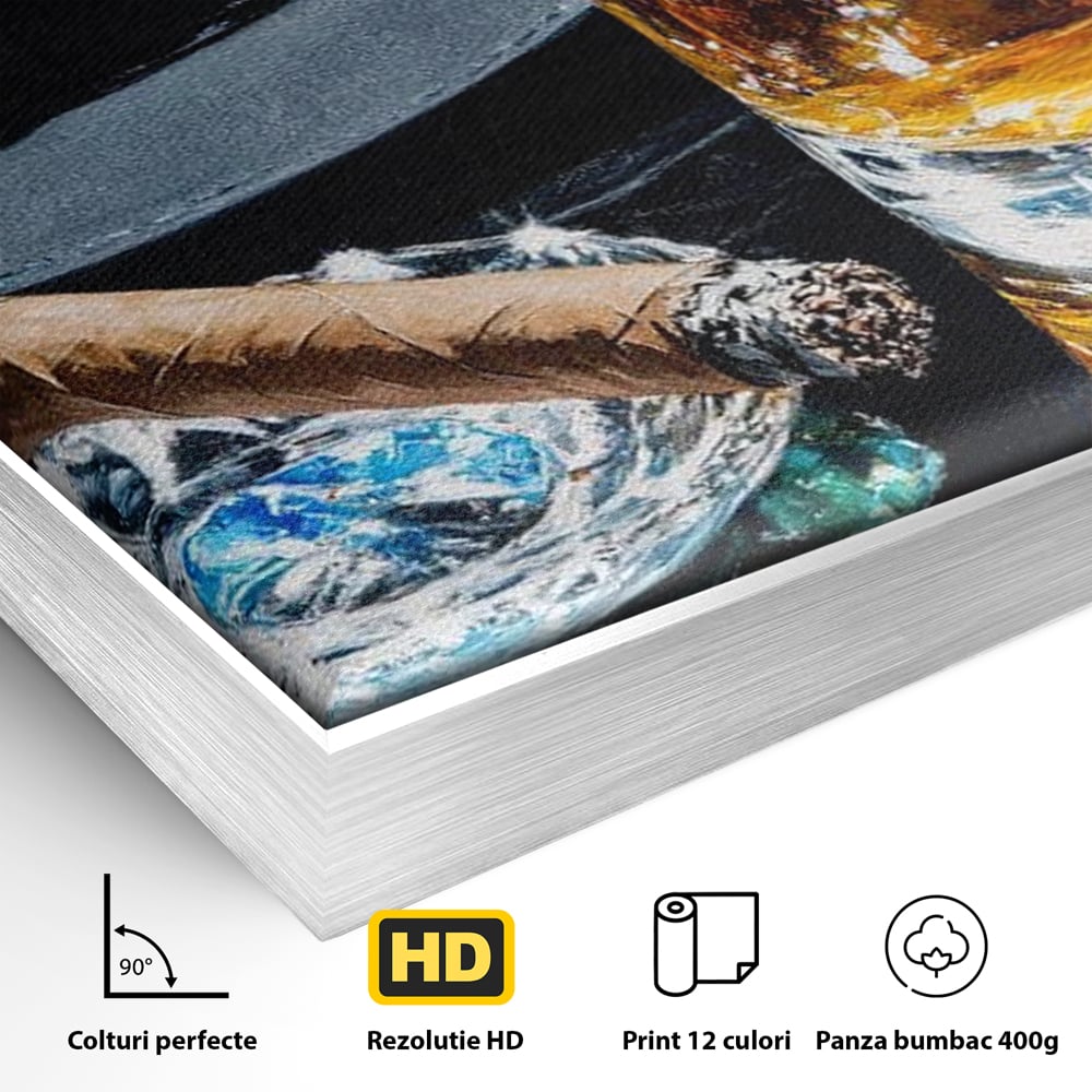 Leinwand Premium Canvas Wall Art, LuxCanva® N1041, Schuss Eleganz, Hüte, Zigarre, Whisky, Glas, Barmann, Gentleman, Marmor, Getränk, Luxus, Pub, Bar, Lounge, Restaurant, Küche