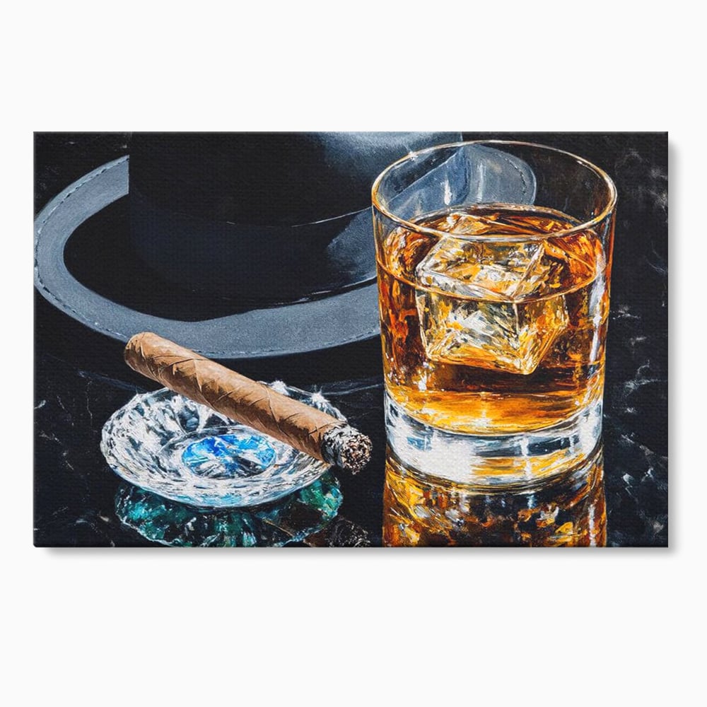 Leinwand Premium Canvas Wall Art, LuxCanva® N1041, Schuss Eleganz, Hüte, Zigarre, Whisky, Glas, Barmann, Gentleman, Marmor, Getränk, Luxus, Pub, Bar, Lounge, Restaurant, Küche