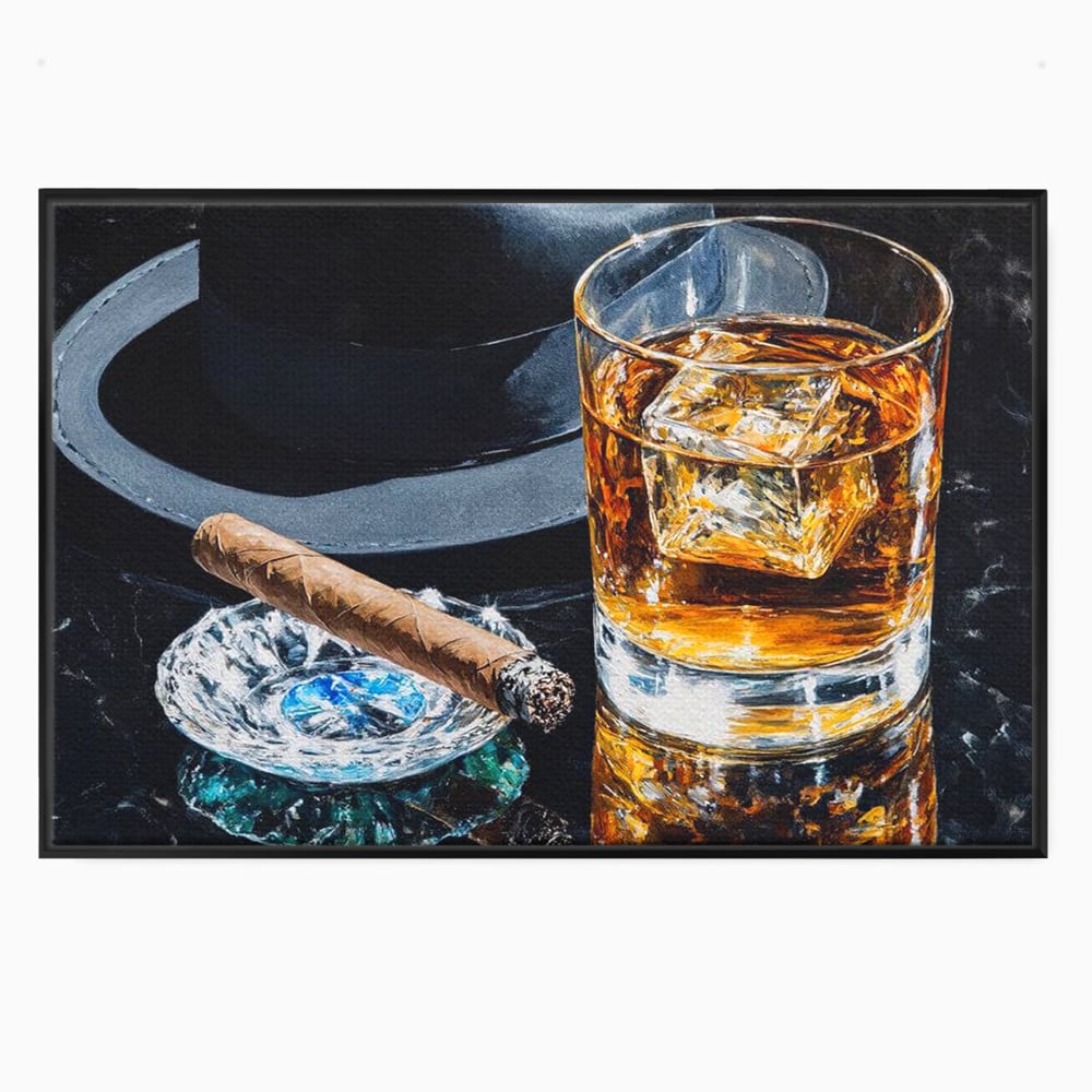 Leinwand Premium Canvas Wall Art, LuxCanva® N1041, Schuss Eleganz, Hüte, Zigarre, Whisky, Glas, Barmann, Gentleman, Marmor, Getränk, Luxus, Pub, Bar, Lounge, Restaurant, Küche