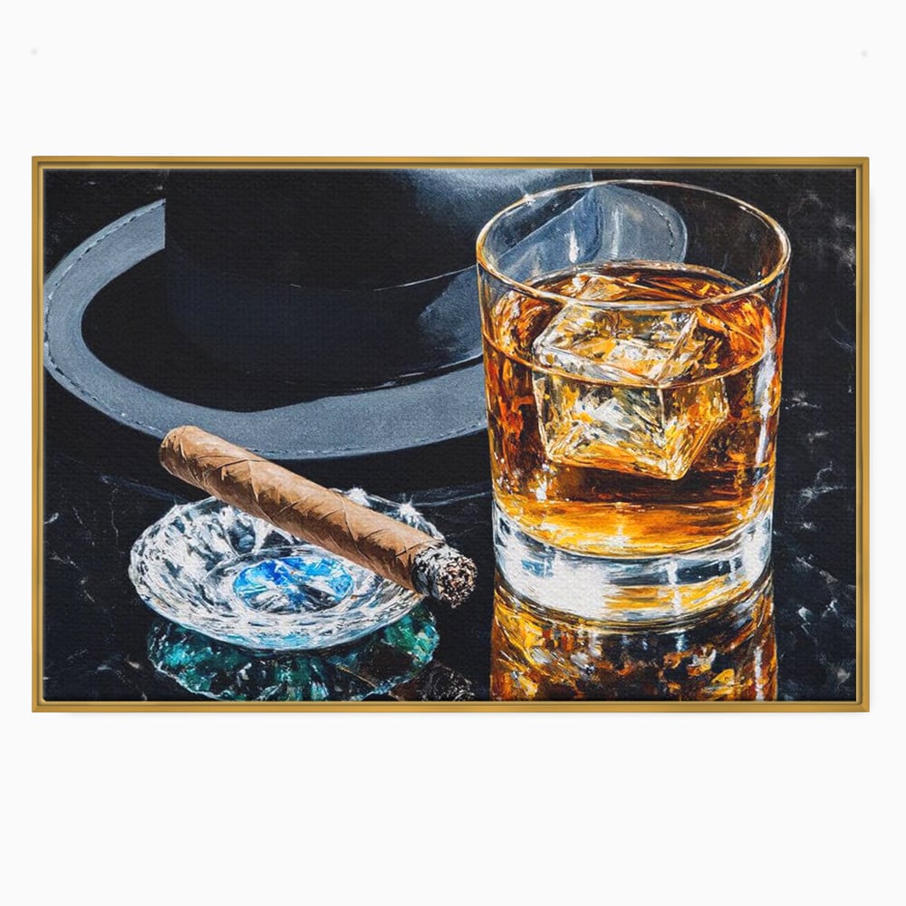 Leinwand Premium Canvas Wall Art, LuxCanva® N1041, Schuss Eleganz, Hüte, Zigarre, Whisky, Glas, Barmann, Gentleman, Marmor, Getränk, Luxus, Pub, Bar, Lounge, Restaurant, Küche
