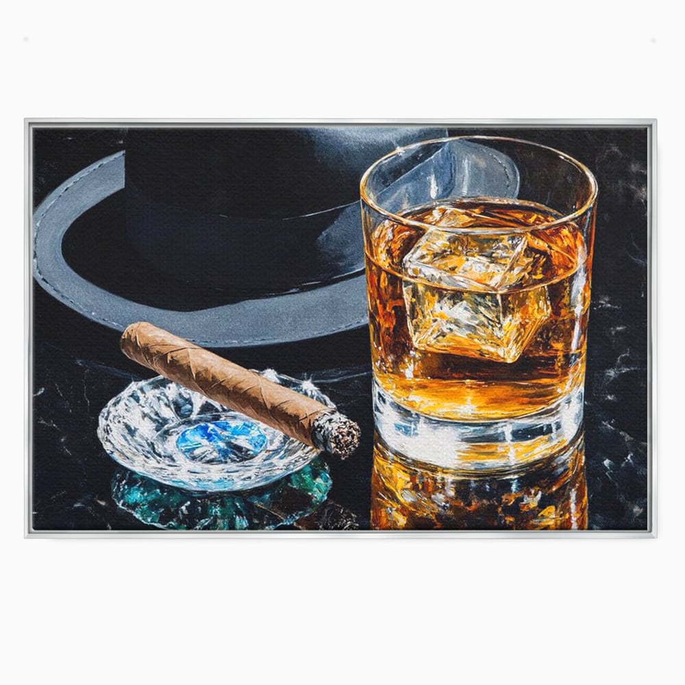 Leinwand Premium Canvas Wall Art, LuxCanva® N1041, Schuss Eleganz, Hüte, Zigarre, Whisky, Glas, Barmann, Gentleman, Marmor, Getränk, Luxus, Pub, Bar, Lounge, Restaurant, Küche