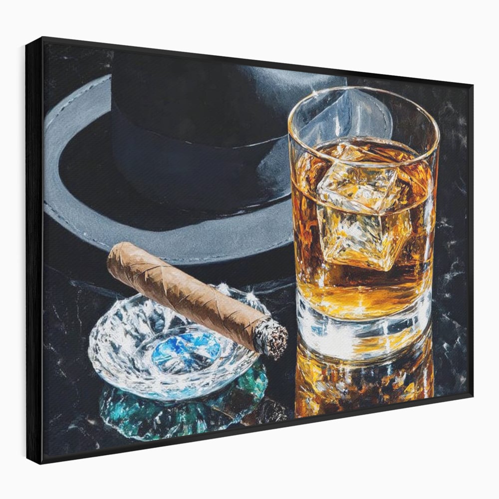 Leinwand Premium Canvas Wall Art, LuxCanva® N1041, Schuss Eleganz, Hüte, Zigarre, Whisky, Glas, Barmann, Gentleman, Marmor, Getränk, Luxus, Pub, Bar, Lounge, Restaurant, Küche