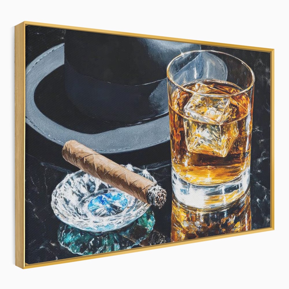 Leinwand Premium Canvas Wall Art, LuxCanva® N1041, Schuss Eleganz, Hüte, Zigarre, Whisky, Glas, Barmann, Gentleman, Marmor, Getränk, Luxus, Pub, Bar, Lounge, Restaurant, Küche