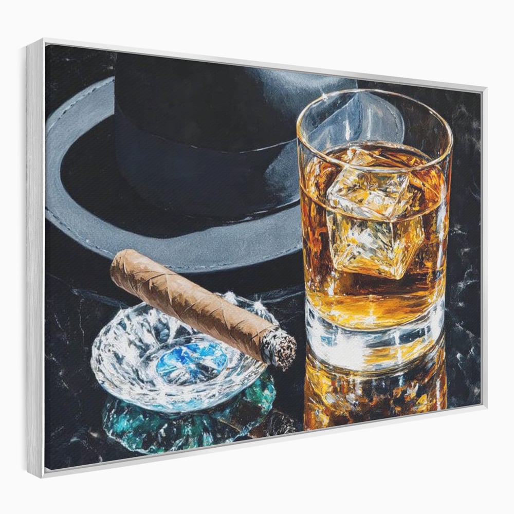 Leinwand Premium Canvas Wall Art, LuxCanva® N1041, Schuss Eleganz, Hüte, Zigarre, Whisky, Glas, Barmann, Gentleman, Marmor, Getränk, Luxus, Pub, Bar, Lounge, Restaurant, Küche
