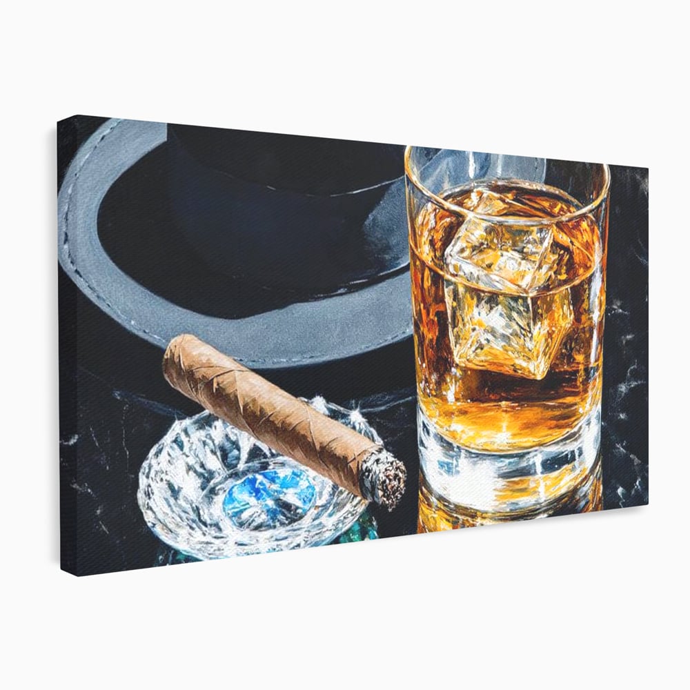 Leinwand Premium Canvas Wall Art, LuxCanva® N1041, Schuss Eleganz, Hüte, Zigarre, Whisky, Glas, Barmann, Gentleman, Marmor, Getränk, Luxus, Pub, Bar, Lounge, Restaurant, Küche