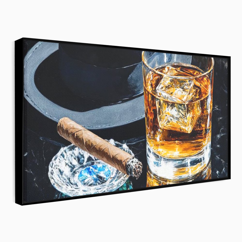 Leinwand Premium Canvas Wall Art, LuxCanva® N1041, Schuss Eleganz, Hüte, Zigarre, Whisky, Glas, Barmann, Gentleman, Marmor, Getränk, Luxus, Pub, Bar, Lounge, Restaurant, Küche