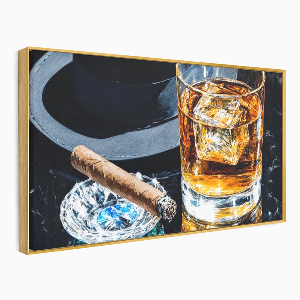 Leinwand Premium Canvas Wall Art, LuxCanva® N1041, Schuss Eleganz, Hüte, Zigarre, Whisky, Glas, Barmann, Gentleman, Marmor, Getränk, Luxus, Pub, Bar, Lounge, Restaurant, Küche