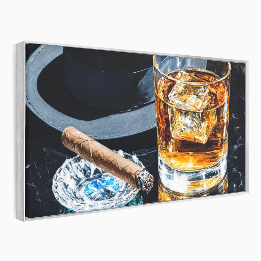 Leinwand Premium Canvas Wall Art, LuxCanva® N1041, Schuss Eleganz, Hüte, Zigarre, Whisky, Glas, Barmann, Gentleman, Marmor, Getränk, Luxus, Pub, Bar, Lounge, Restaurant, Küche