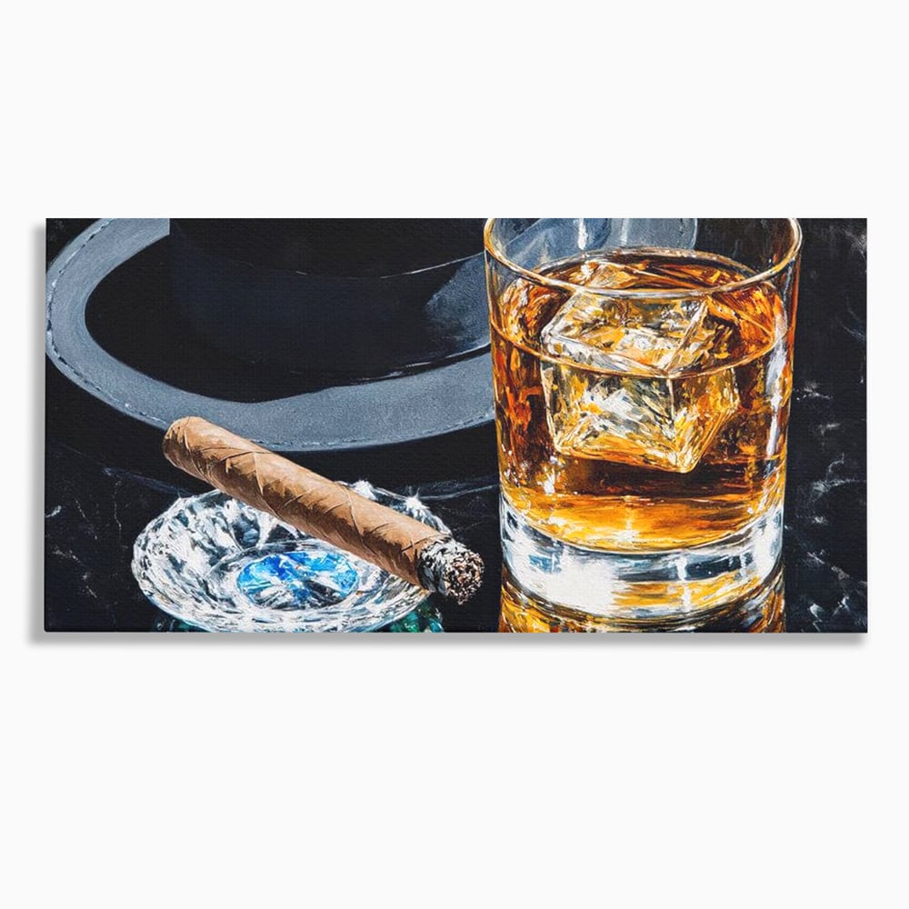 Leinwand Premium Canvas Wall Art, LuxCanva® N1041, Schuss Eleganz, Hüte, Zigarre, Whisky, Glas, Barmann, Gentleman, Marmor, Getränk, Luxus, Pub, Bar, Lounge, Restaurant, Küche
