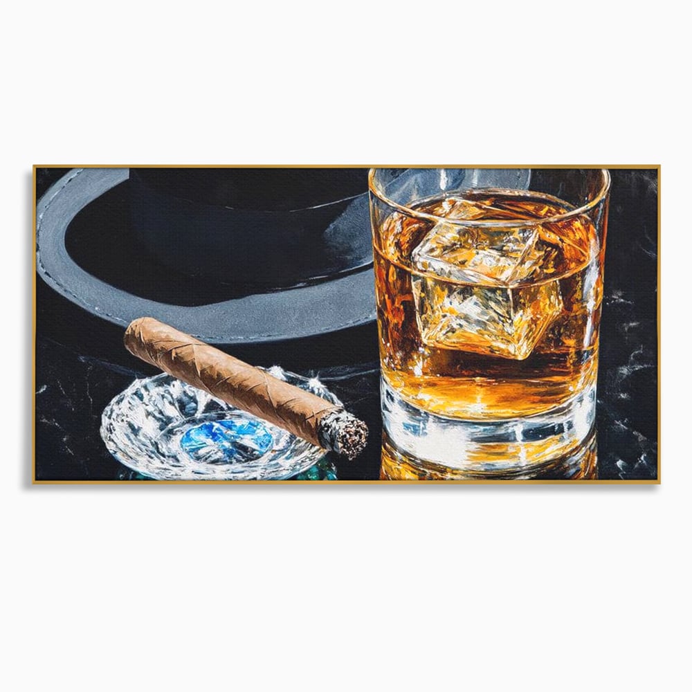 Leinwand Premium Canvas Wall Art, LuxCanva® N1041, Schuss Eleganz, Hüte, Zigarre, Whisky, Glas, Barmann, Gentleman, Marmor, Getränk, Luxus, Pub, Bar, Lounge, Restaurant, Küche