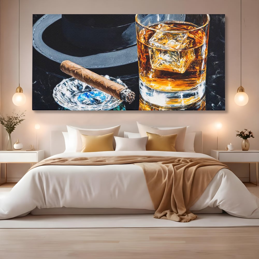 Leinwand Premium Canvas Wall Art, LuxCanva® N1041, Schuss Eleganz, Hüte, Zigarre, Whisky, Glas, Barmann, Gentleman, Marmor, Getränk, Luxus, Pub, Bar, Lounge, Restaurant, Küche