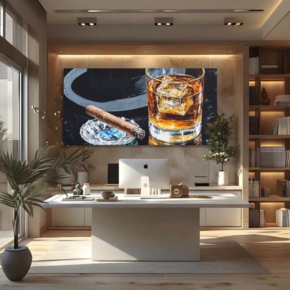 Leinwand Premium Canvas Wall Art, LuxCanva® N1041, Schuss Eleganz, Hüte, Zigarre, Whisky, Glas, Barmann, Gentleman, Marmor, Getränk, Luxus, Pub, Bar, Lounge, Restaurant, Küche