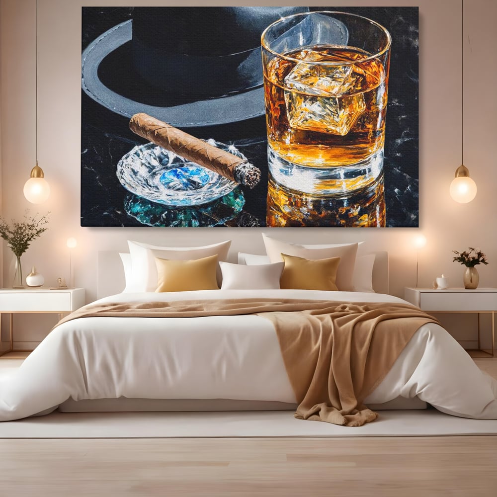 Leinwand Premium Canvas Wall Art, LuxCanva® N1041, Schuss Eleganz, Hüte, Zigarre, Whisky, Glas, Barmann, Gentleman, Marmor, Getränk, Luxus, Pub, Bar, Lounge, Restaurant, Küche