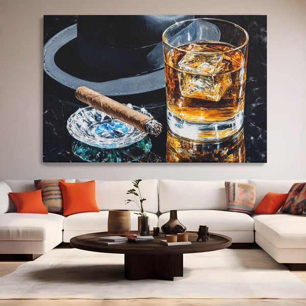 Leinwand Premium Canvas Wall Art, LuxCanva® N1041, Schuss Eleganz, Hüte, Zigarre, Whisky, Glas, Barmann, Gentleman, Marmor, Getränk, Luxus, Pub, Bar, Lounge, Restaurant, Küche