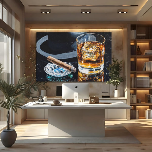 Leinwand Premium Canvas Wall Art, LuxCanva® N1041, Schuss Eleganz, Hüte, Zigarre, Whisky, Glas, Barmann, Gentleman, Marmor, Getränk, Luxus, Pub, Bar, Lounge, Restaurant, Küche
