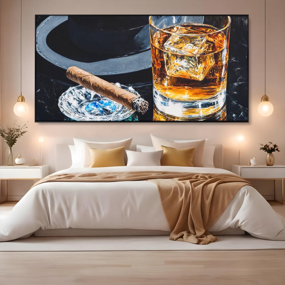 Leinwand Premium Canvas Wall Art, LuxCanva® N1041, Schuss Eleganz, Hüte, Zigarre, Whisky, Glas, Barmann, Gentleman, Marmor, Getränk, Luxus, Pub, Bar, Lounge, Restaurant, Küche