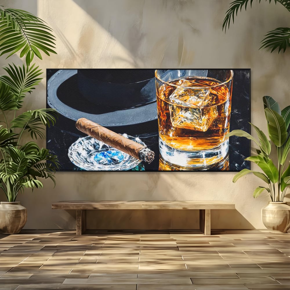 Leinwand Premium Canvas Wall Art, LuxCanva® N1041, Schuss Eleganz, Hüte, Zigarre, Whisky, Glas, Barmann, Gentleman, Marmor, Getränk, Luxus, Pub, Bar, Lounge, Restaurant, Küche