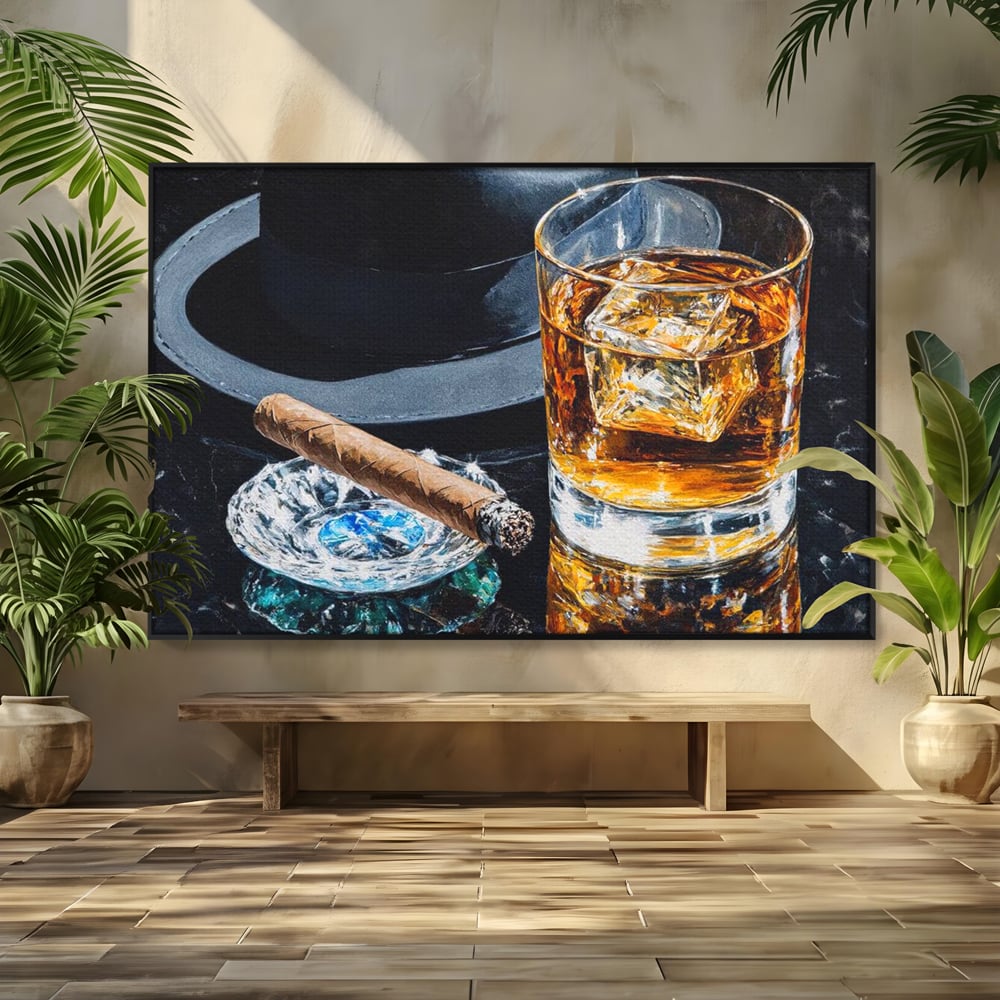 Leinwand Premium Canvas Wall Art, LuxCanva® N1041, Schuss Eleganz, Hüte, Zigarre, Whisky, Glas, Barmann, Gentleman, Marmor, Getränk, Luxus, Pub, Bar, Lounge, Restaurant, Küche