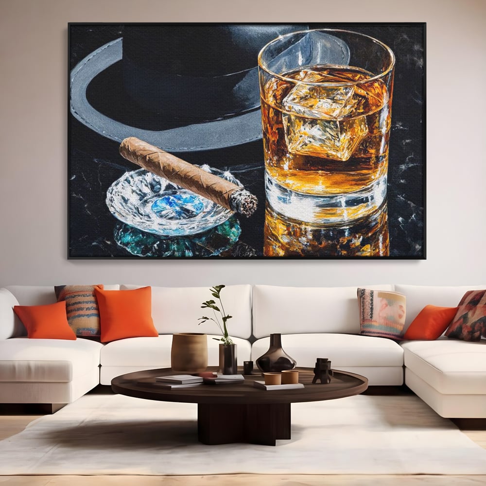 Leinwand Premium Canvas Wall Art, LuxCanva® N1041, Schuss Eleganz, Hüte, Zigarre, Whisky, Glas, Barmann, Gentleman, Marmor, Getränk, Luxus, Pub, Bar, Lounge, Restaurant, Küche