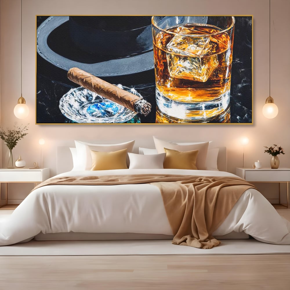 Leinwand Premium Canvas Wall Art, LuxCanva® N1041, Schuss Eleganz, Hüte, Zigarre, Whisky, Glas, Barmann, Gentleman, Marmor, Getränk, Luxus, Pub, Bar, Lounge, Restaurant, Küche