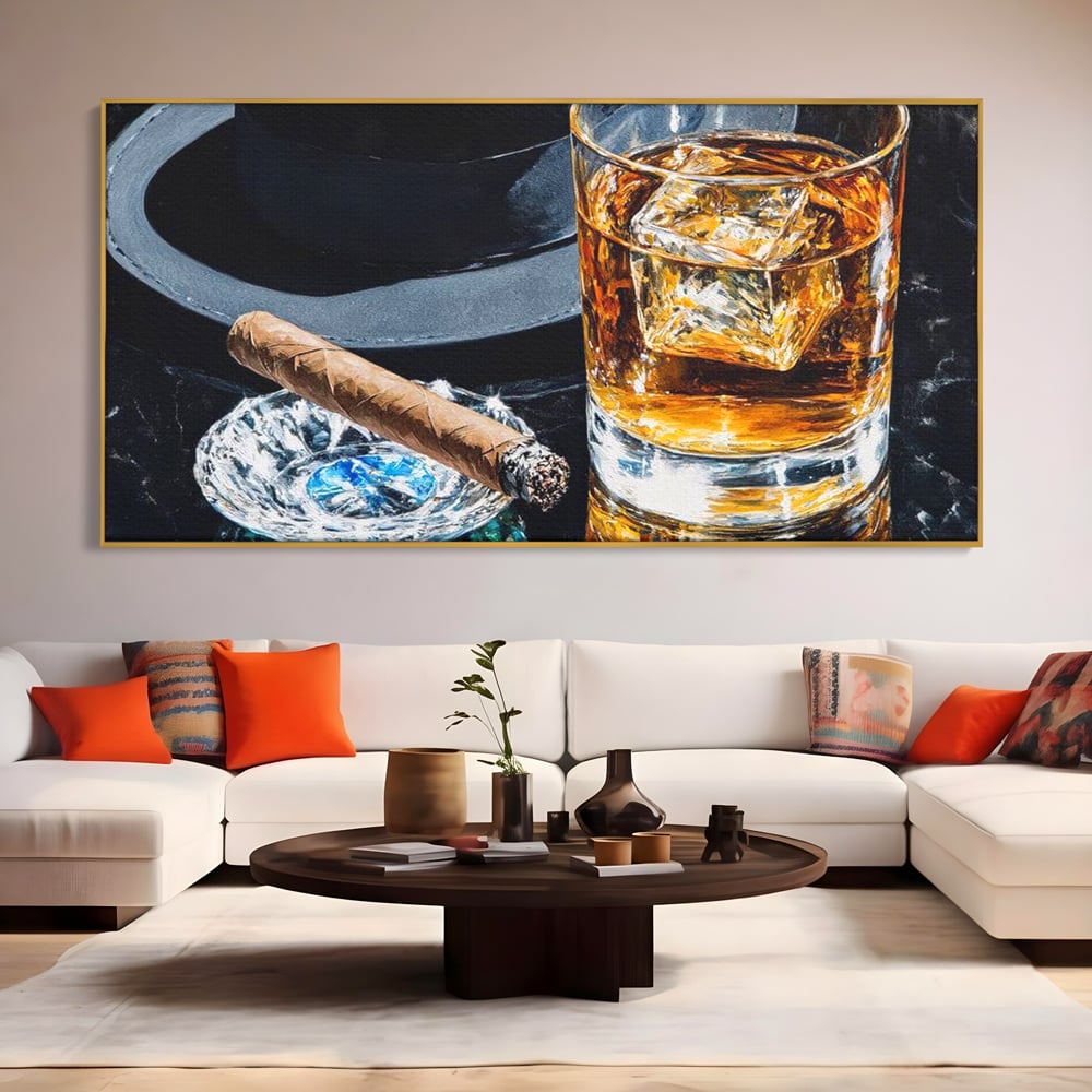 Leinwand Premium Canvas Wall Art, LuxCanva® N1041, Schuss Eleganz, Hüte, Zigarre, Whisky, Glas, Barmann, Gentleman, Marmor, Getränk, Luxus, Pub, Bar, Lounge, Restaurant, Küche