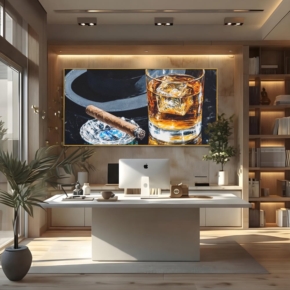 Leinwand Premium Canvas Wall Art, LuxCanva® N1041, Schuss Eleganz, Hüte, Zigarre, Whisky, Glas, Barmann, Gentleman, Marmor, Getränk, Luxus, Pub, Bar, Lounge, Restaurant, Küche