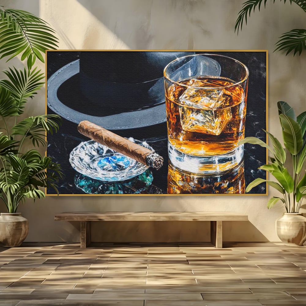 Leinwand Premium Canvas Wall Art, LuxCanva® N1041, Schuss Eleganz, Hüte, Zigarre, Whisky, Glas, Barmann, Gentleman, Marmor, Getränk, Luxus, Pub, Bar, Lounge, Restaurant, Küche