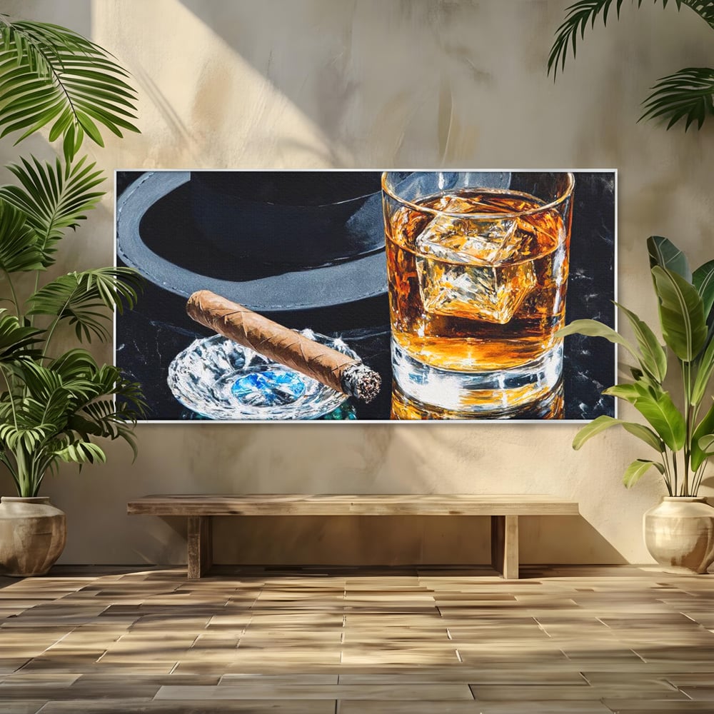 Leinwand Premium Canvas Wall Art, LuxCanva® N1041, Schuss Eleganz, Hüte, Zigarre, Whisky, Glas, Barmann, Gentleman, Marmor, Getränk, Luxus, Pub, Bar, Lounge, Restaurant, Küche