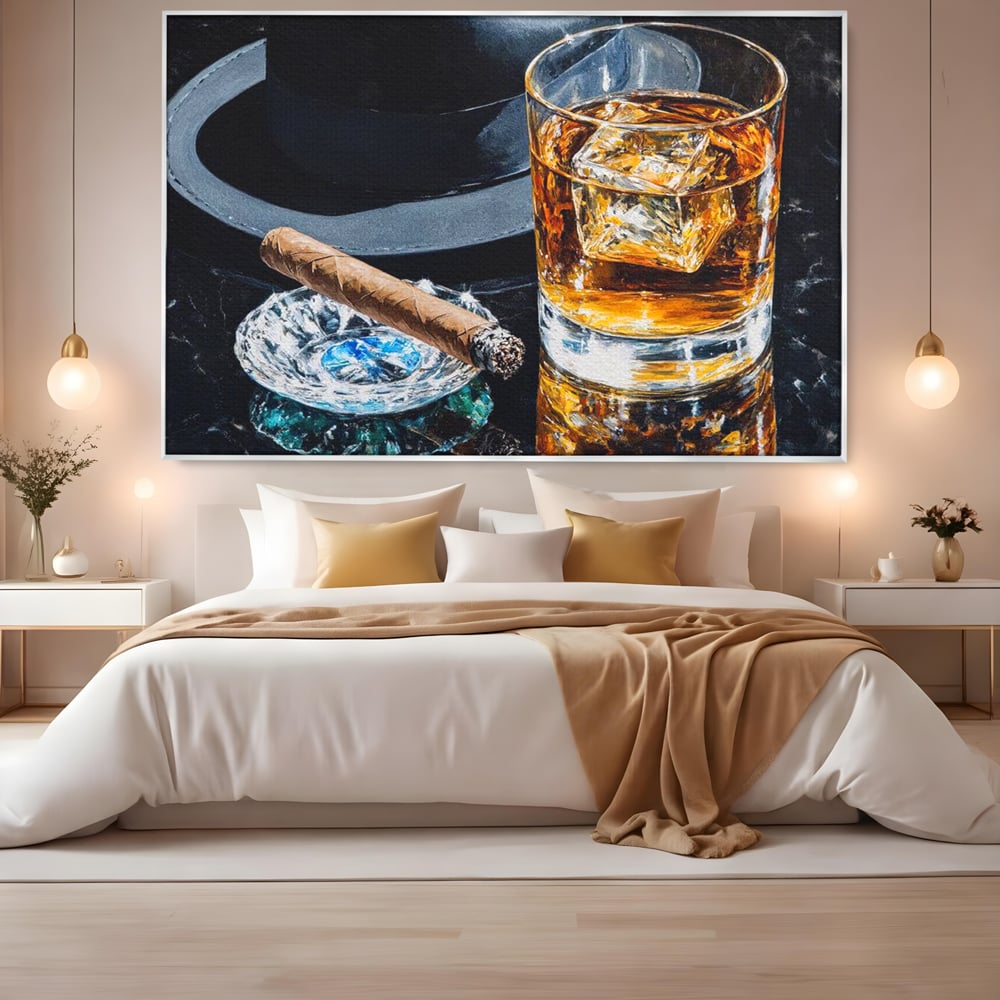 Leinwand Premium Canvas Wall Art, LuxCanva® N1041, Schuss Eleganz, Hüte, Zigarre, Whisky, Glas, Barmann, Gentleman, Marmor, Getränk, Luxus, Pub, Bar, Lounge, Restaurant, Küche